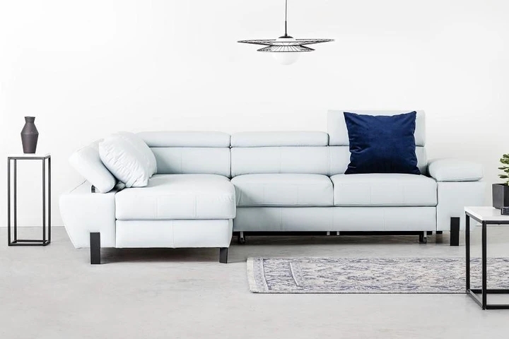 CALIN rozkladacia rohová sedačka s nastaviteľnými opierkami hlavy a lakťov v pravej koži